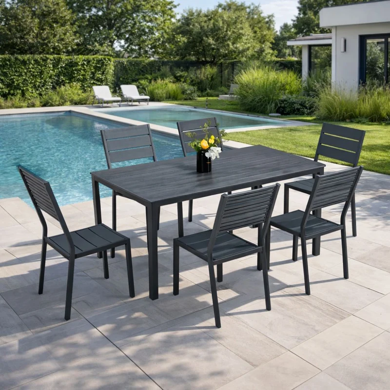Set Tavolo e Sedie da Pranzo per Giardino Esterno 6 Posti Nero