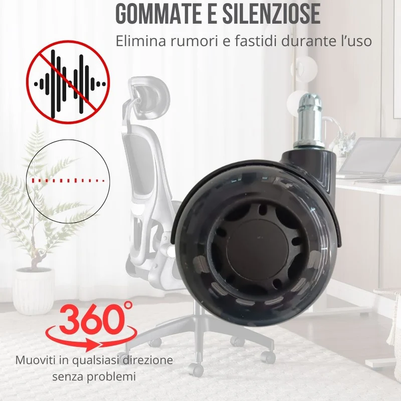 Set x5 Ruote di Ricambio Sedia da Ufficio Gommate, Silenziose e Antigraffio, Girevoli 360°