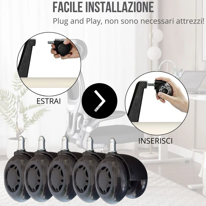 Set x5 Ruote di Ricambio Sedia da Ufficio Gommate, Silenziose e Antigraffio, Girevoli 360°