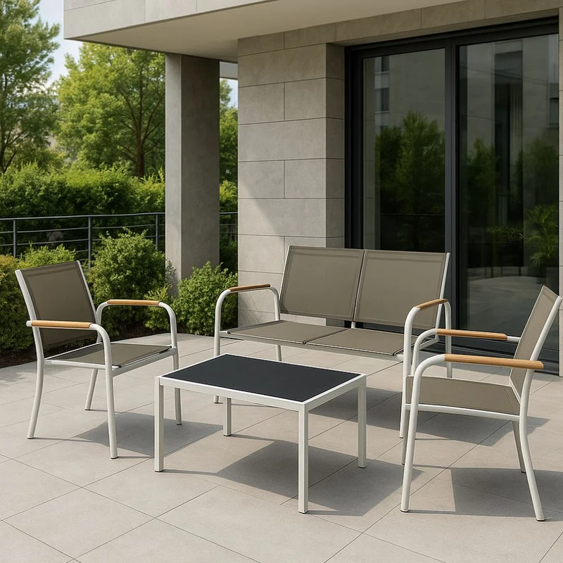 Salotto da Giardino Set Divano 2 Poltrone e Tavolino in Acciaio, Textilene e Rattan