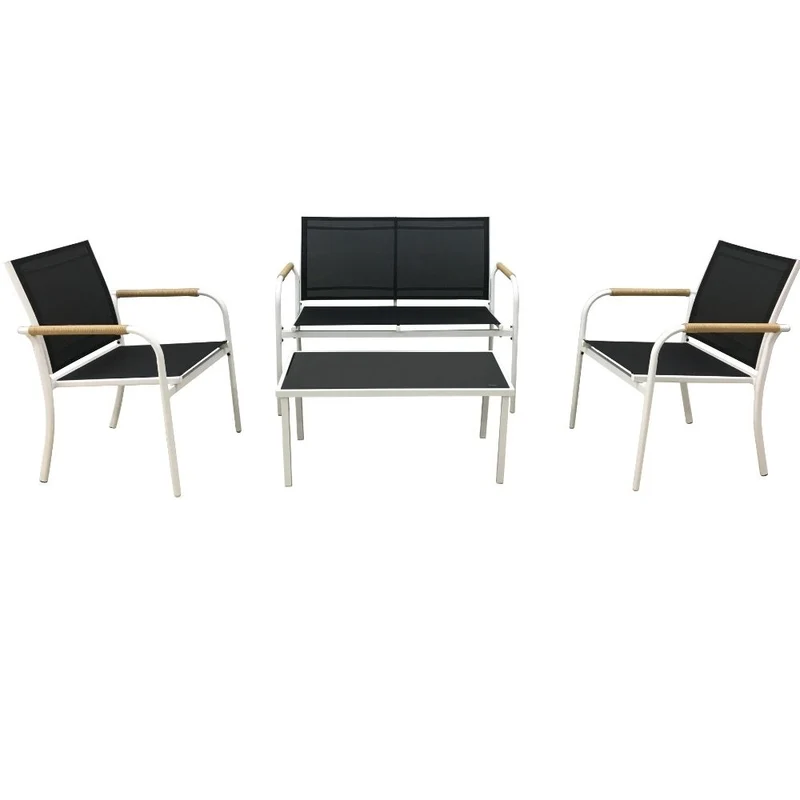 Salotto da Giardino Set Divano 2 Poltrone e Tavolino in Acciaio, Textilene e Rattan
