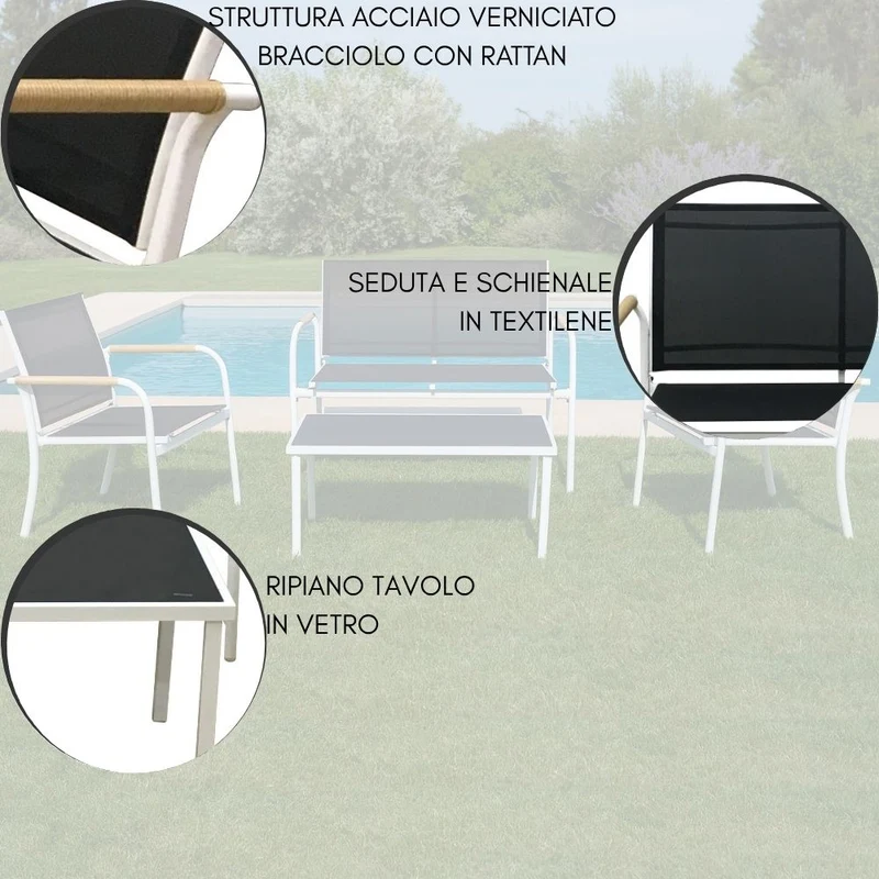 Salotto da Giardino Set Divano 2 Poltrone e Tavolino in Acciaio, Textilene e Rattan