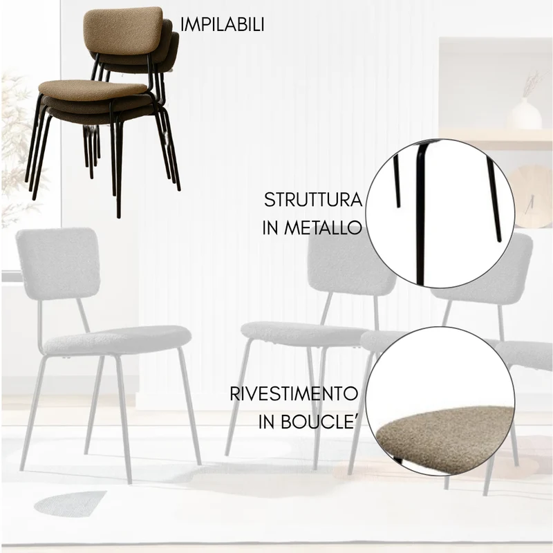 Set 4 Sedie Sala da Pranzo Imbottite Impilabili Bouclè 44x44x83 cm