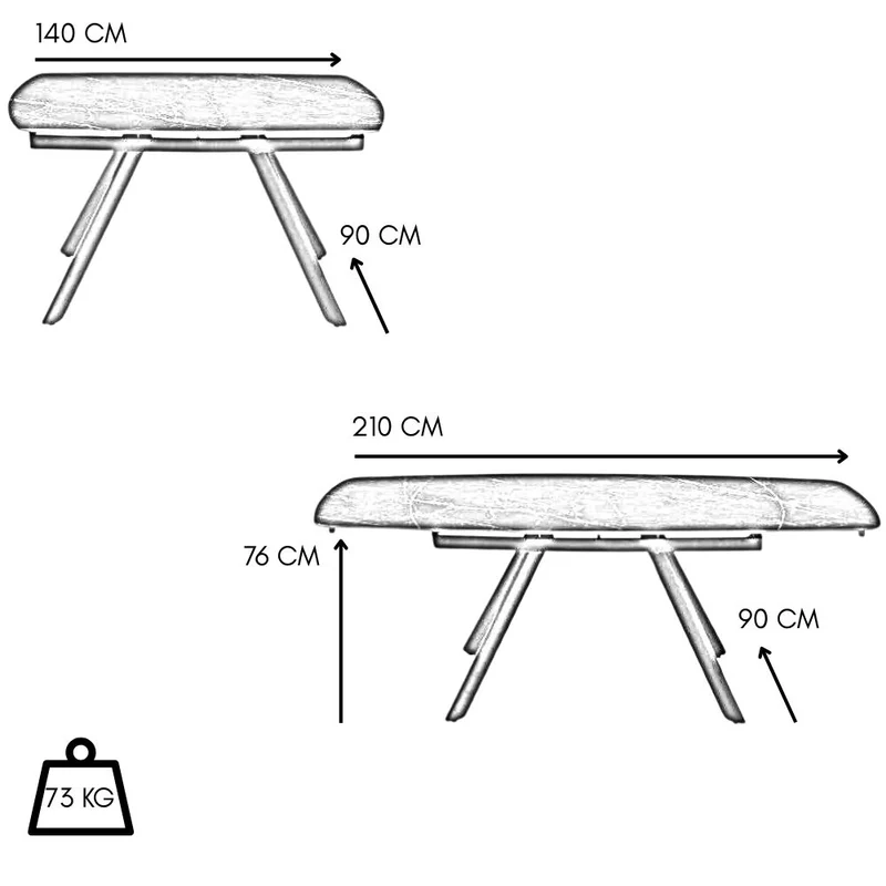 Tavolo da Pranzo Allungabile Ripiano Pietra Sinterizzata 140/210x90x76 cm