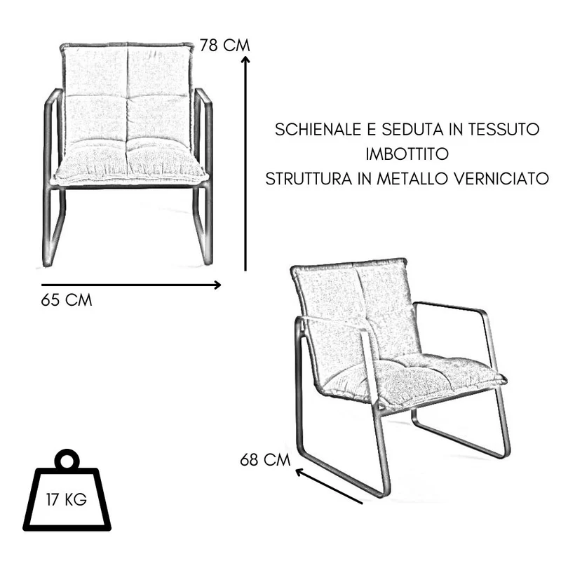 Poltrona Salotto e Soggiorno con Braccioli, Schienale e Seduta Imbottiti - cm 65x78