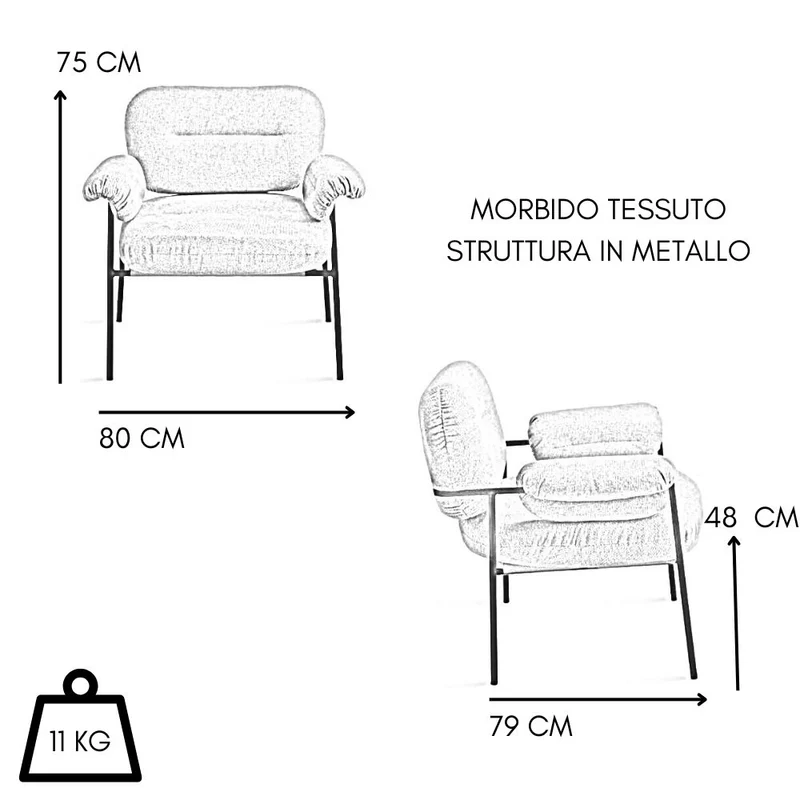Poltrona Salotto e Soggiorno con Braccioli Imbottiti in Tessuto cm 80x74