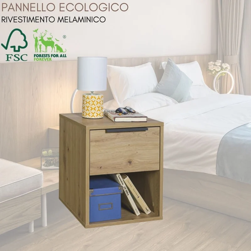 Set 2 Comodino camera da letto 1 cassetto 1 vano a vista Tavolino 38x35x44 cm