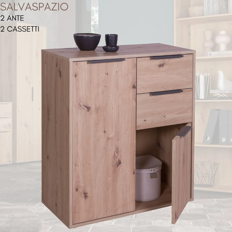 Mobile Multiuso Armadietto 2 Ante 2 Cassetti con Ripiani in Legno - 72x35x88 cm Rovere