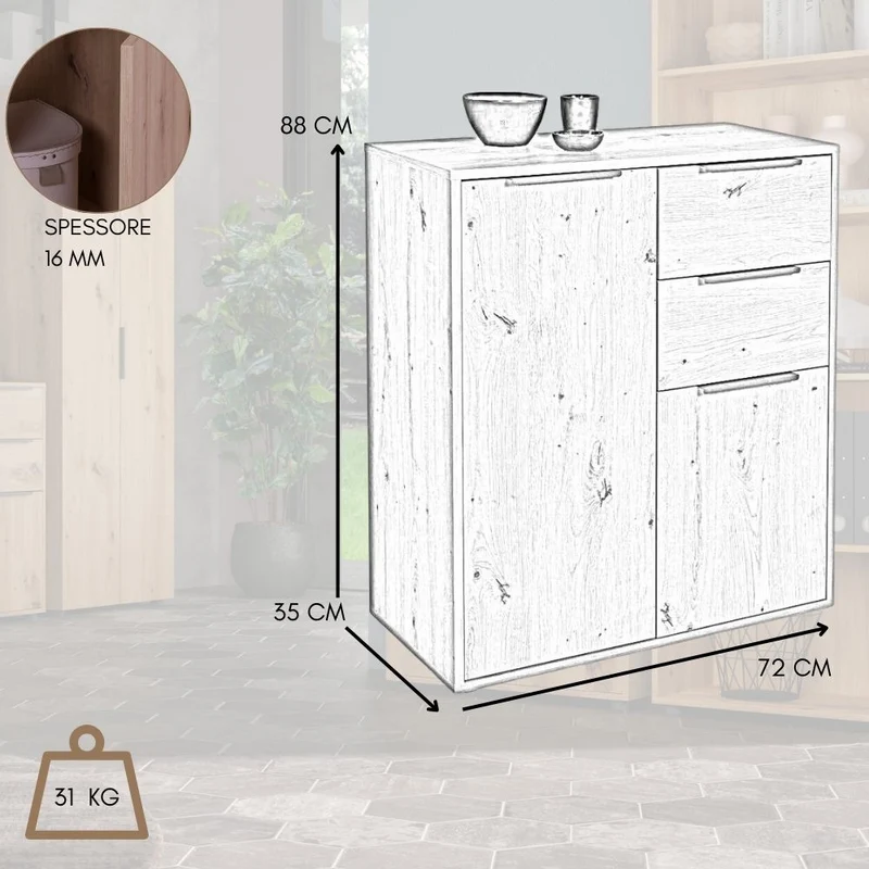 Mobile Multiuso Armadietto 2 Ante 2 Cassetti con Ripiani in Legno - 72x35x88 cm Rovere
