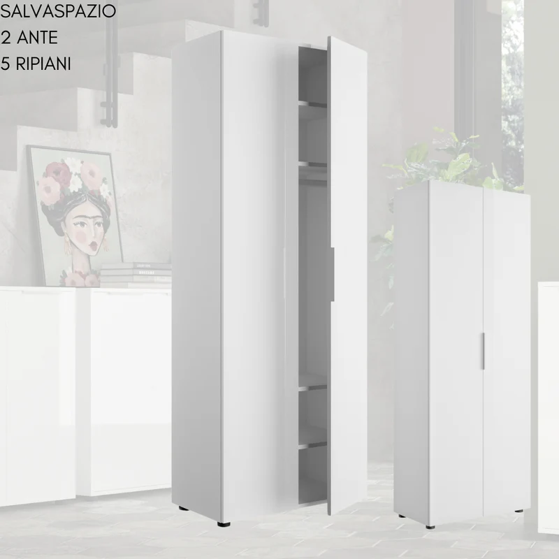 Armadio Multiuso 2 Ante 5 Ripiani Scarpiera Salvaspazio in Legno Bianco Lucido - 69x36x181 cm