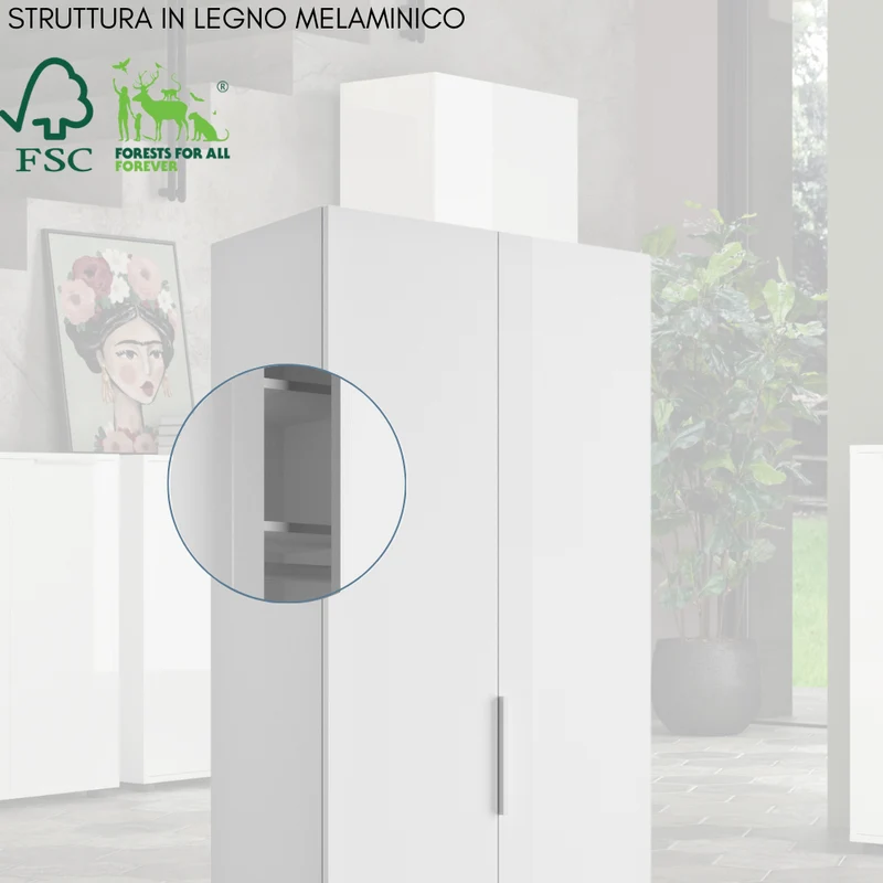 Armadio Multiuso 2 Ante 5 Ripiani Scarpiera Salvaspazio in Legno Bianco Lucido - 69x36x181 cm
