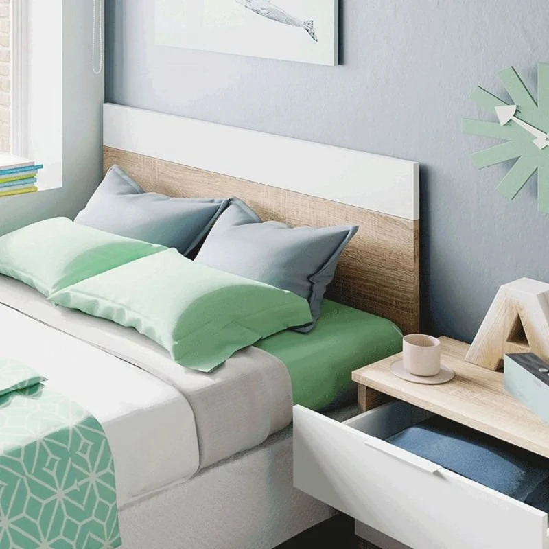 Comodino 2 Cassetti, Mobile Camera da Letto con Testiera, Tavolino da Notte Design Moderno, in Legno Truciolare, 50x38x45h cm – Bianco e Rovere