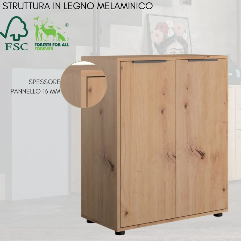 Scarpiera Mobile Multiuso 2 Ante 3 Ripiani, Armadio Legno – 72x35x90 cm Rovere