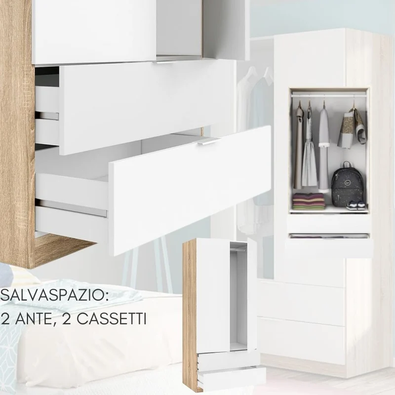 Armadio Guardaroba Mobile 2 Ante 2 Cassetti, Appendiabiti Multiuso con Ripiani in Legno Truciolare – Bianco e Rovere 80x52x180 cm