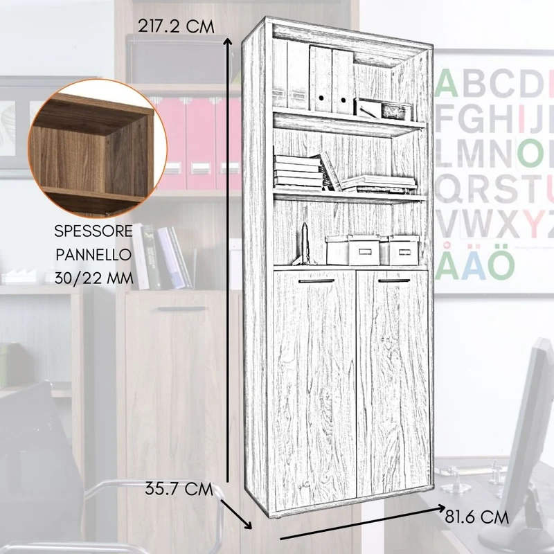 Mobile da Ufficio Multiuso 2 Ante 3 Ripiani, Armadio Salvaspazio in Legno 81x35x217 cm