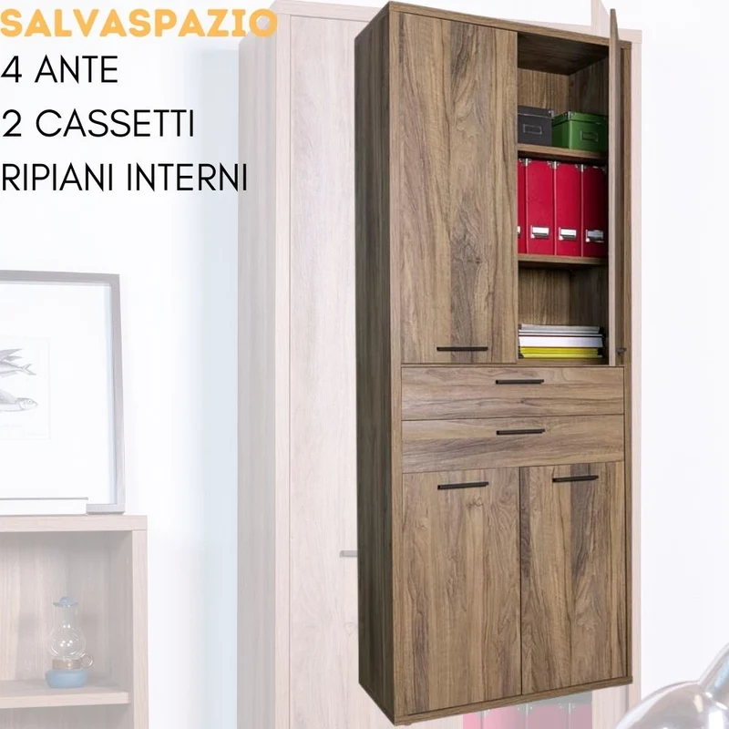 Mobile da Ufficio Multiuso 4 Ante 2 Cassetti, Ripiani Salvaspazio, Armadio in Legno 81x35x217 cm