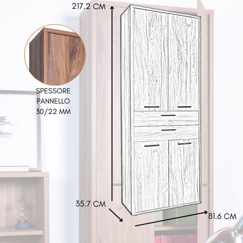 Mobile da Ufficio Multiuso 4 Ante 2 Cassetti, Ripiani Salvaspazio, Armadio in Legno 81x35x217 cm