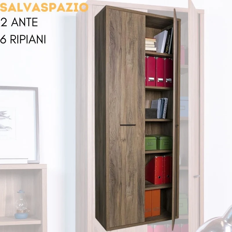 Mobile da Ufficio Multiuso 2 Ante 6 Ripiani Salvaspazio, Armadio in Legno 81x35x217 cm
