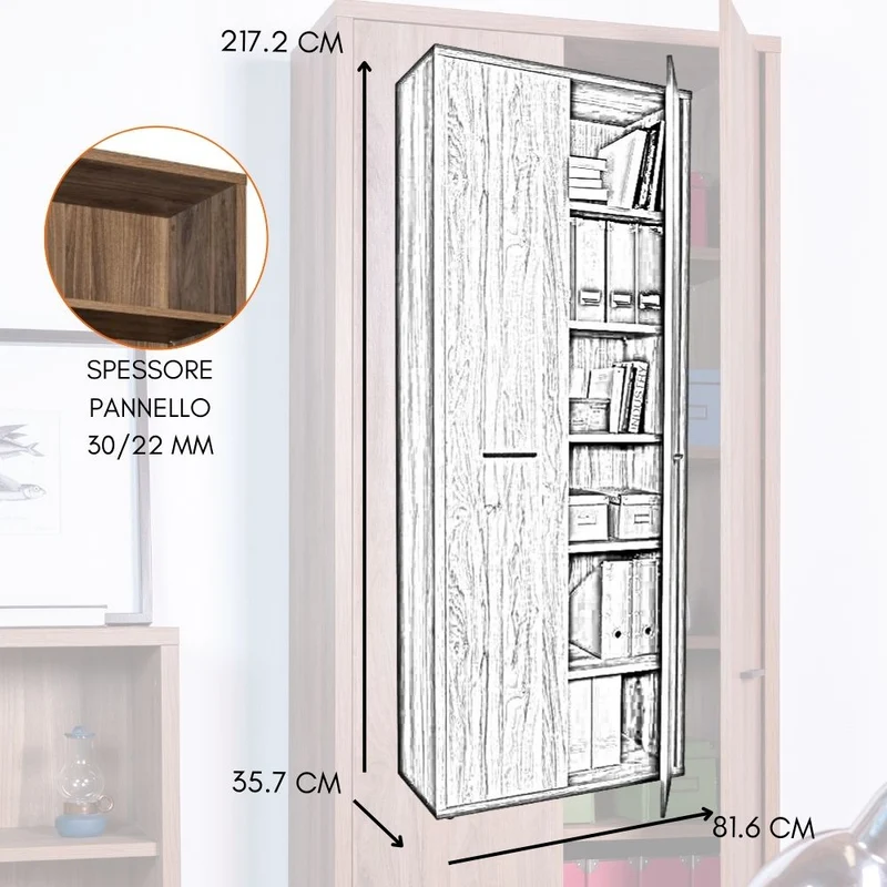 Mobile da Ufficio Multiuso 2 Ante 6 Ripiani Salvaspazio, Armadio in Legno 81x35x217 cm