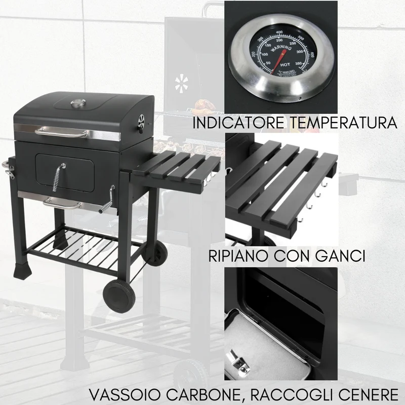 Barbecue a Carbone BBQ Doppia Griglia in Acciaio Grill Giardino Ruote