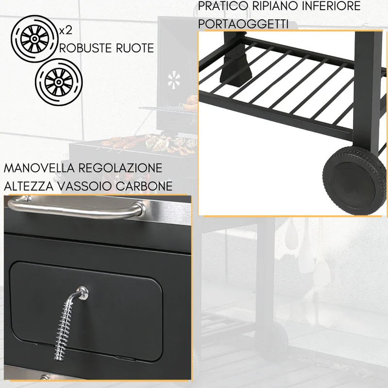 Barbecue a Carbone BBQ Doppia Griglia in Acciaio Grill Giardino Ruote