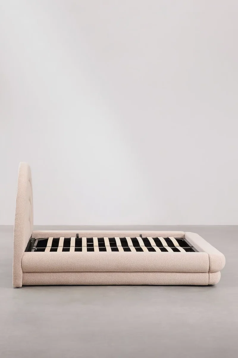 Letto con contenitore ribaltabile in tessuto rosa bouclé Borzensi