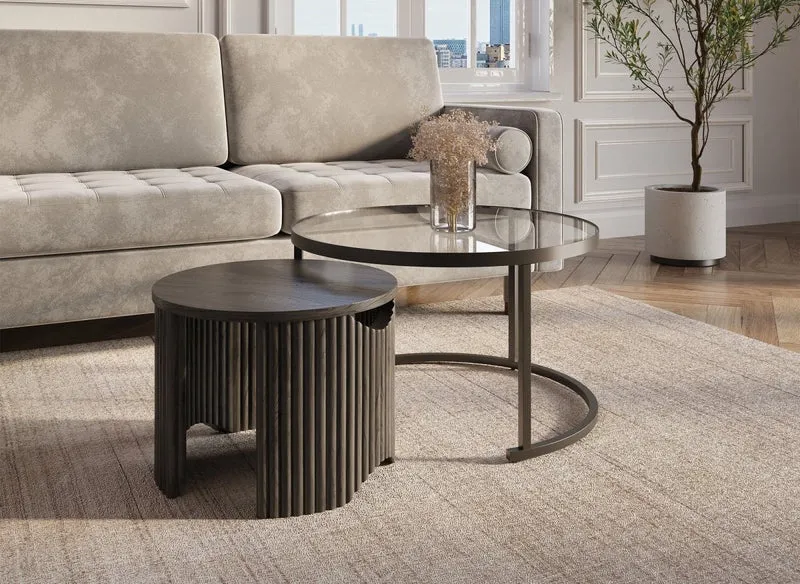Set di 2 tavolini bassi rotondi impilabili in vetro e legno nero TAYRON