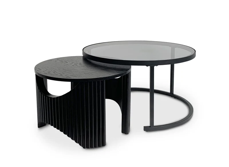 Set di 2 tavolini bassi rotondi impilabili in vetro e legno nero TAYRON