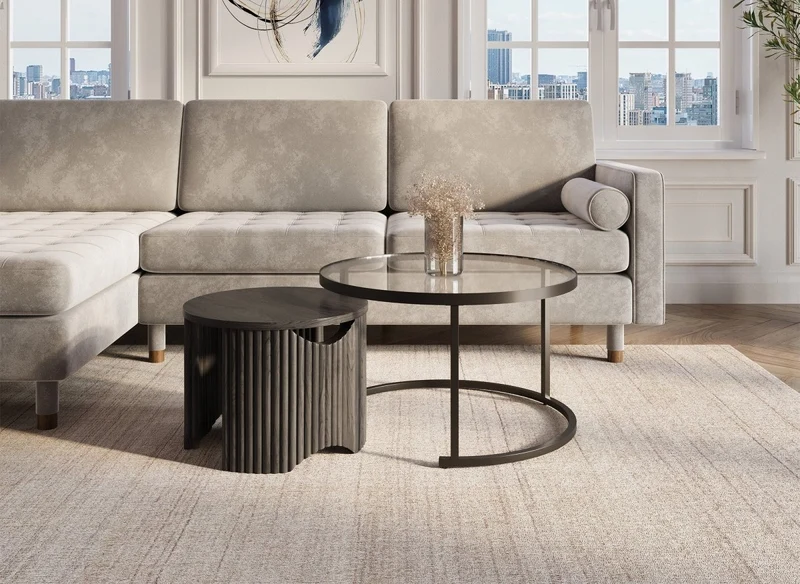 Set di 2 tavolini bassi rotondi impilabili in vetro e legno nero TAYRON
