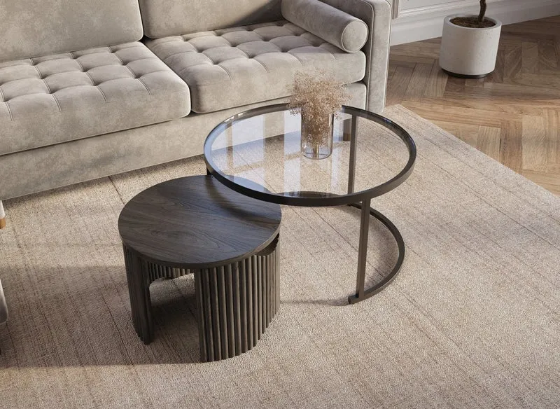 Set di 2 tavolini bassi rotondi impilabili in vetro e legno nero TAYRON