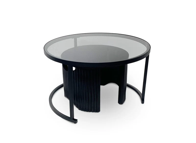 Set di 2 tavolini bassi rotondi impilabili in vetro e legno nero TAYRON