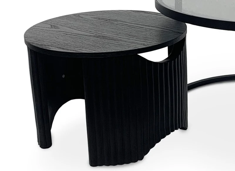 Set di 2 tavolini bassi rotondi impilabili in vetro e legno nero TAYRON