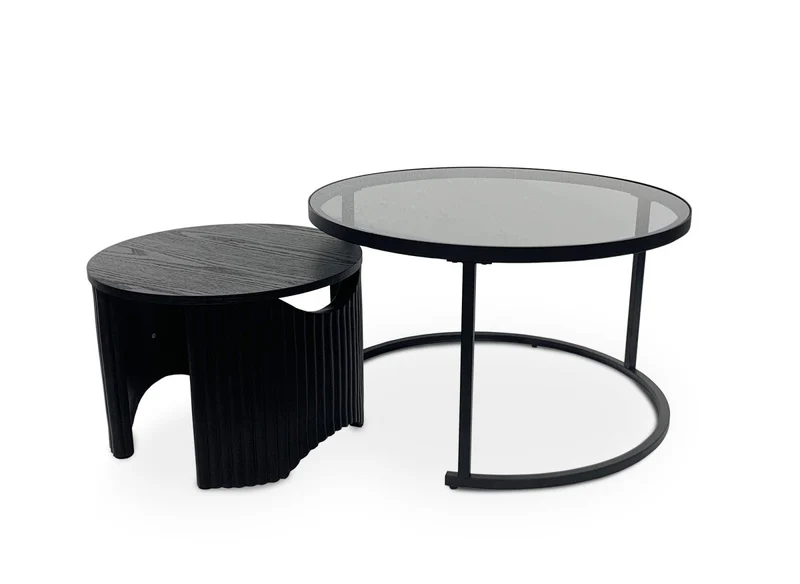 Set di 2 tavolini bassi rotondi impilabili in vetro e legno nero TAYRON