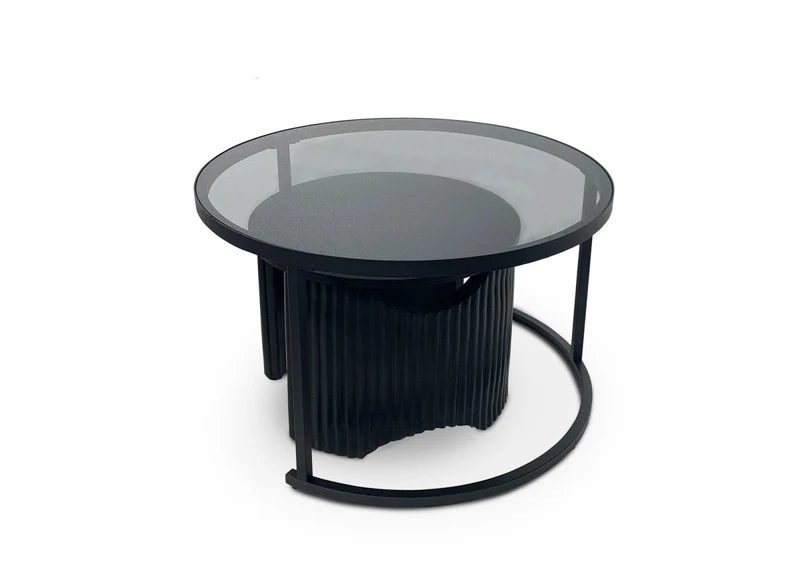 Set di 2 tavolini bassi rotondi impilabili in vetro e legno nero TAYRON