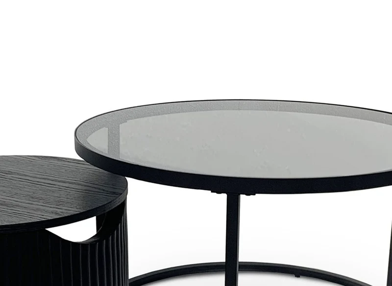 Set di 2 tavolini bassi rotondi impilabili in vetro e legno nero TAYRON