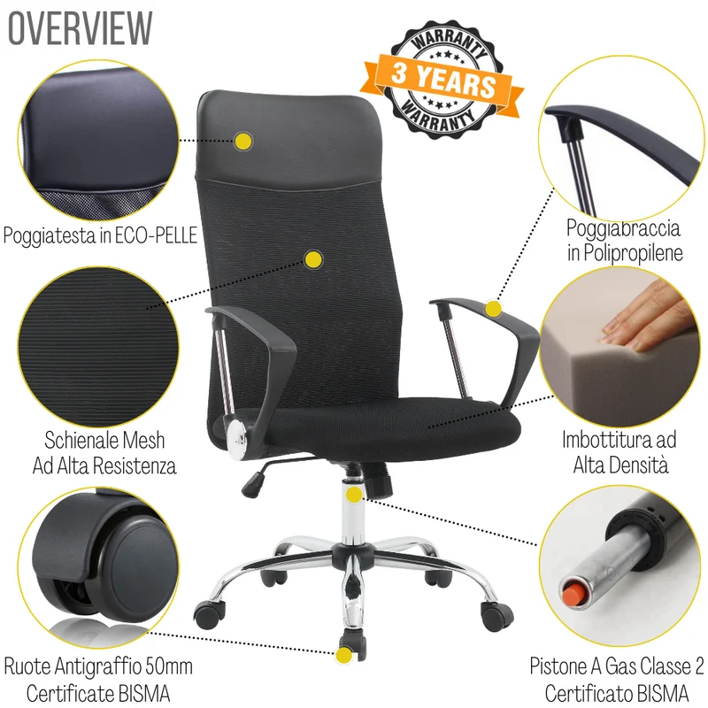 ZIK 117 CE EN 1335 Sedia da Ufficio Ergonomica in Rete Mesh traspirante, Ergonomica, Colore Nero