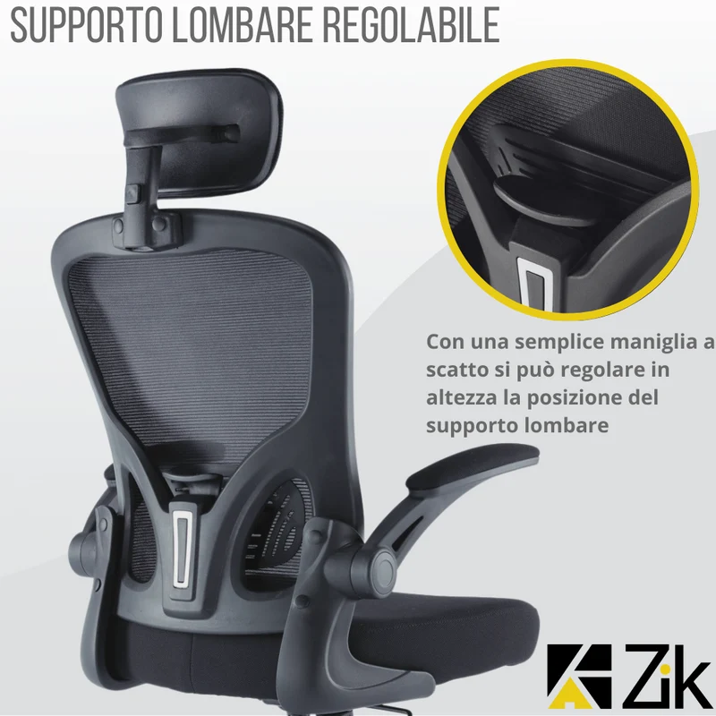 UNI EN 1335 Sedia da Ufficio Certificata Ergonomica Braccioli Pieghevoli Supporto Lombare Poggiatesta