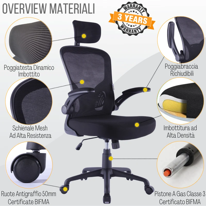 UNI EN 1335 Sedia da Ufficio Certificata Ergonomica Braccioli Pieghevoli Supporto Lombare Poggiatesta