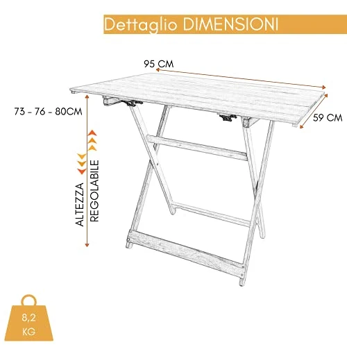 ZIK Tavolo da Giardino Pieghevole per Esterno, Salvaspazio, Altezza Regolabile, in Legno – 96x59x80