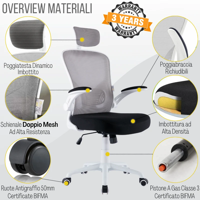 Sedia da Ufficio Ergonomica Bianca Braccioli Reclinabili Supporto Lombare Poggiatesta