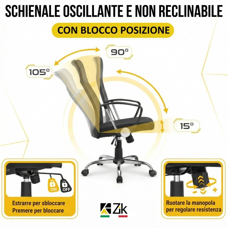 Sedia da Ufficio Ergonomica in Rete Mesh traspirante, Ergonomica, Colore Nero