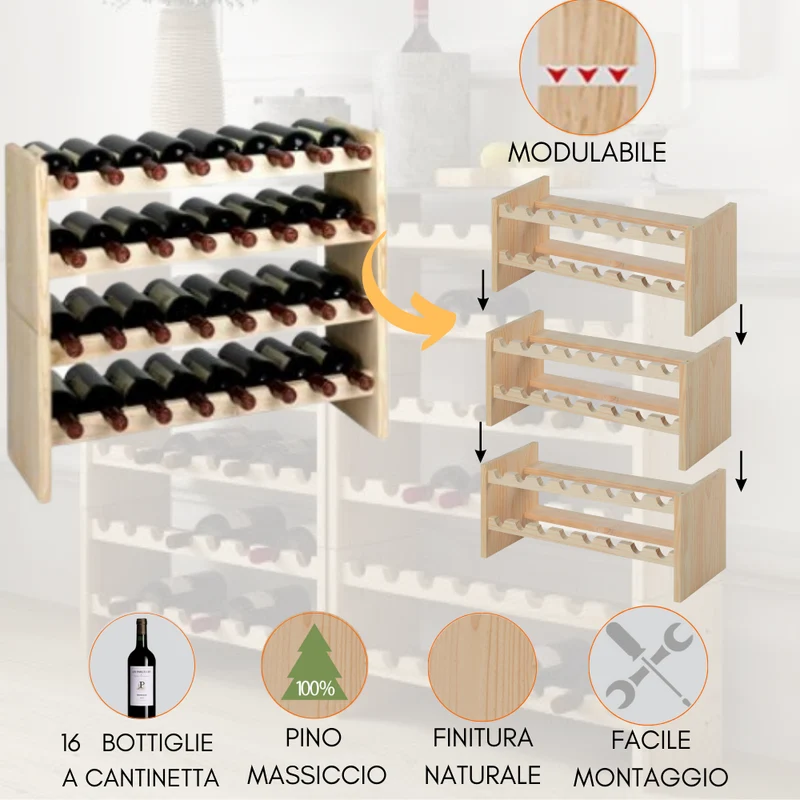 Cantinetta componibile portabottiglie Vino in Legno di Pino Naturale 16 postazioni per modulo Dimensione cm 69x27xh30