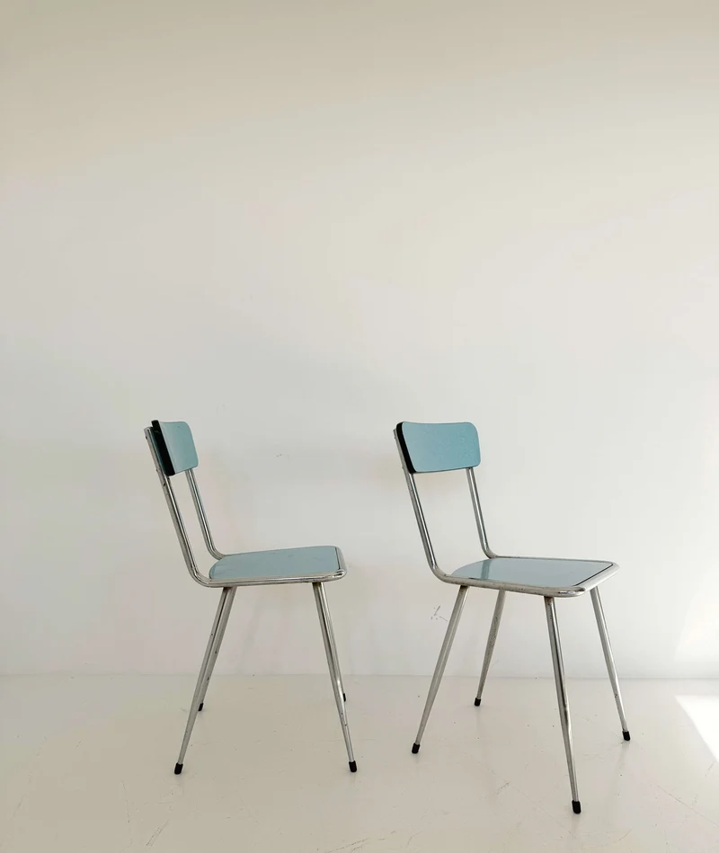 Coppia di Sedie Vintage in Metallo e Seduta Azzurra