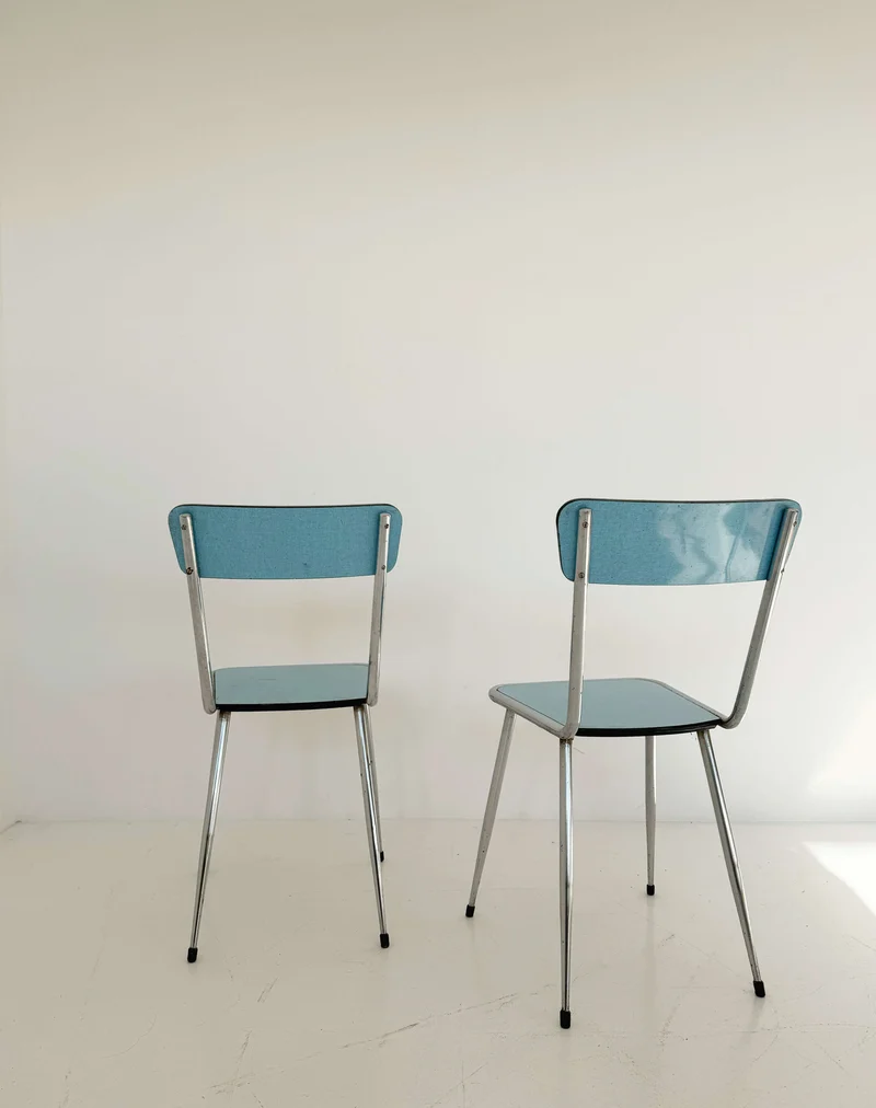 Coppia di Sedie Vintage in Metallo e Seduta Azzurra