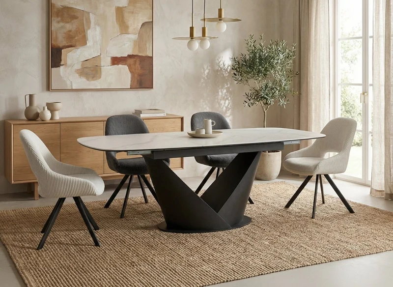 Tavolo da pranzo allungabile in metallo marrone con piano in ceramica bianca LERONA