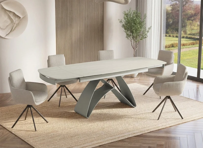 Tavolo da pranzo allungabile in metallo beige con piano in ceramica bianca PARIS