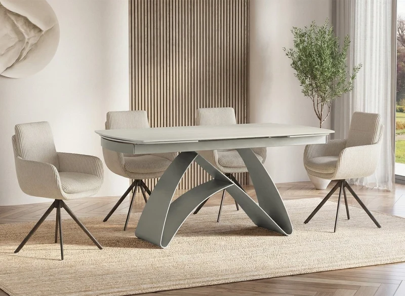 Tavolo da pranzo allungabile in metallo beige con piano in ceramica bianca PARIS