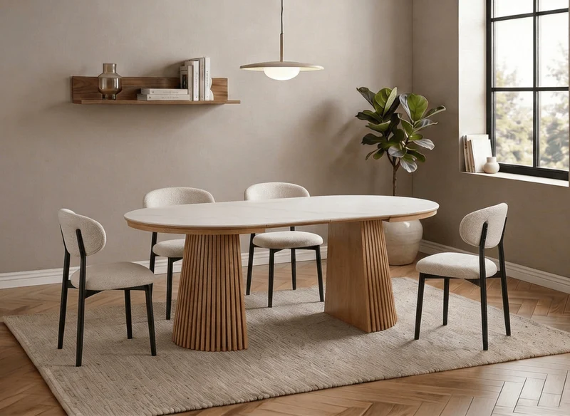 Tavolo da pranzo rotondo allungabile in legno chiaro con piano in ceramica bianca HEKA