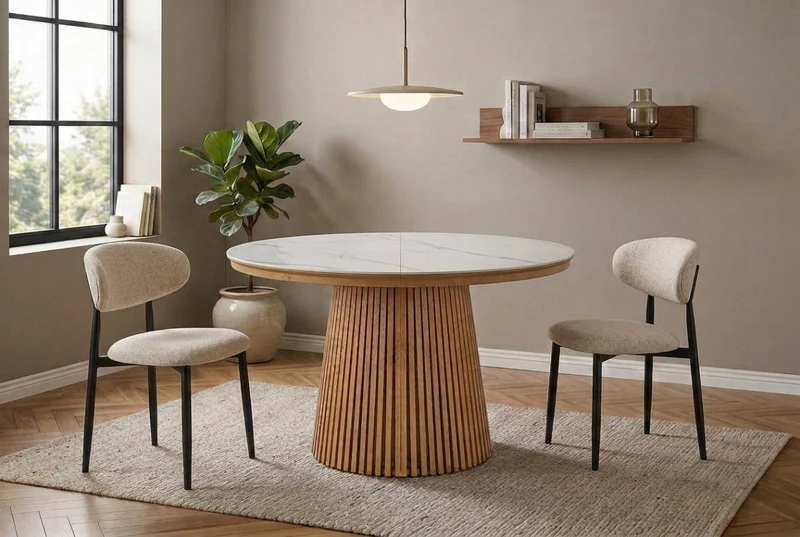 Tavolo da pranzo rotondo allungabile in legno chiaro con piano in ceramica bianca HEKA