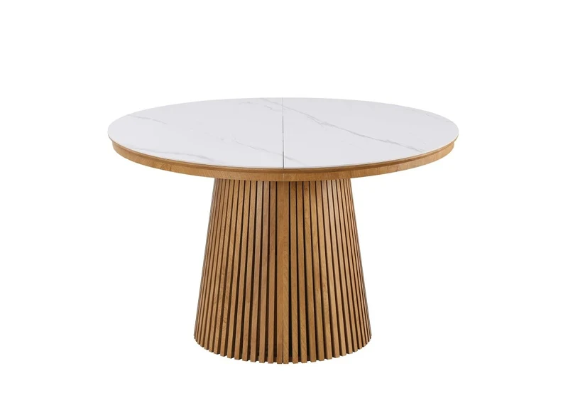 Tavolo da pranzo rotondo allungabile in legno chiaro con piano in ceramica bianca HEKA